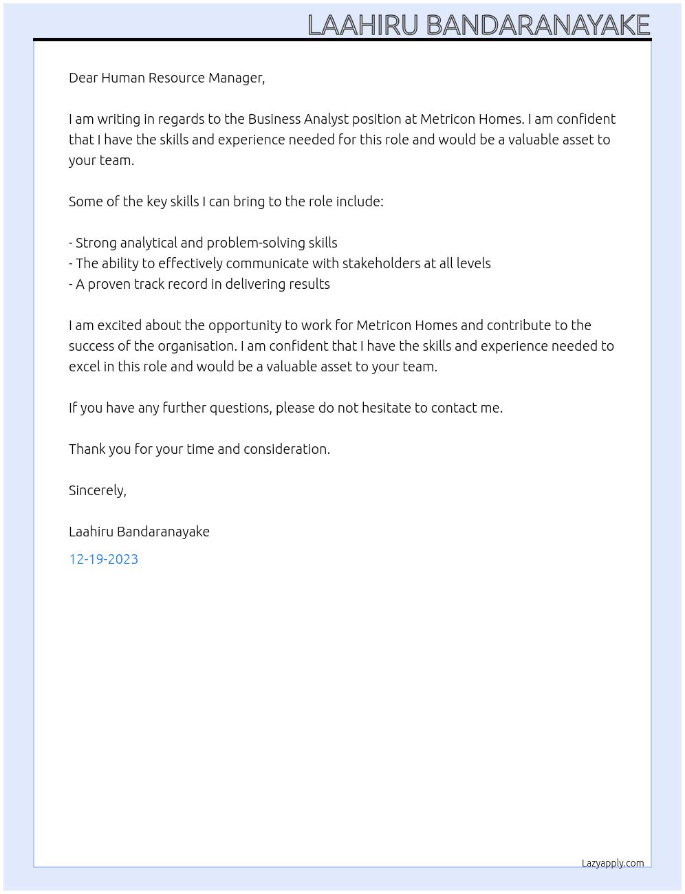 Business Analyst At Metricon Homes Cover Letter