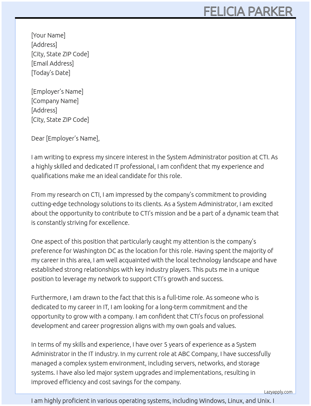 System Administrator At CTI Cover Letter