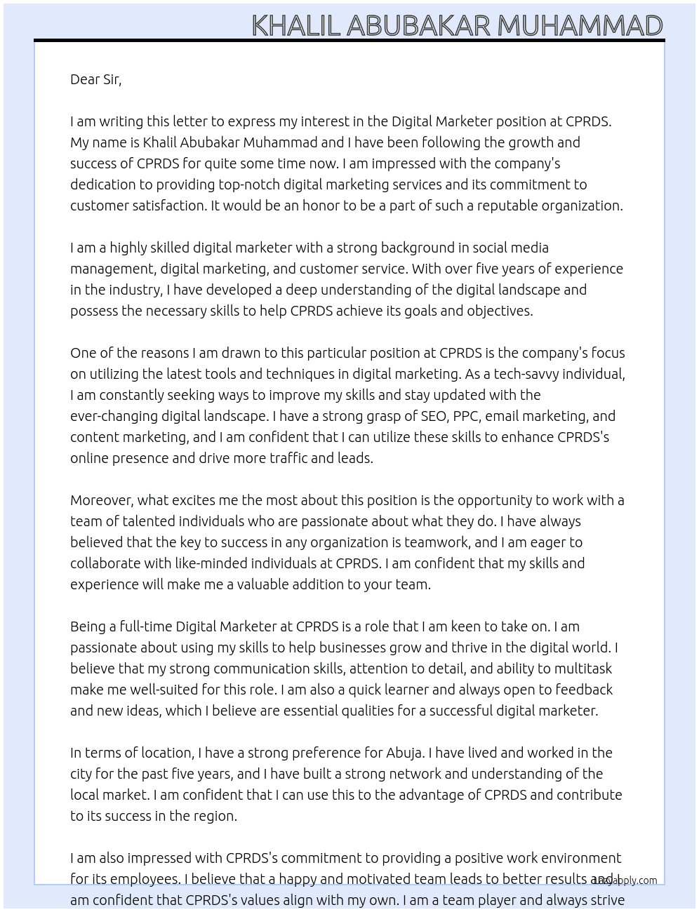 Digital Marketer At CPRDS Cover Letter