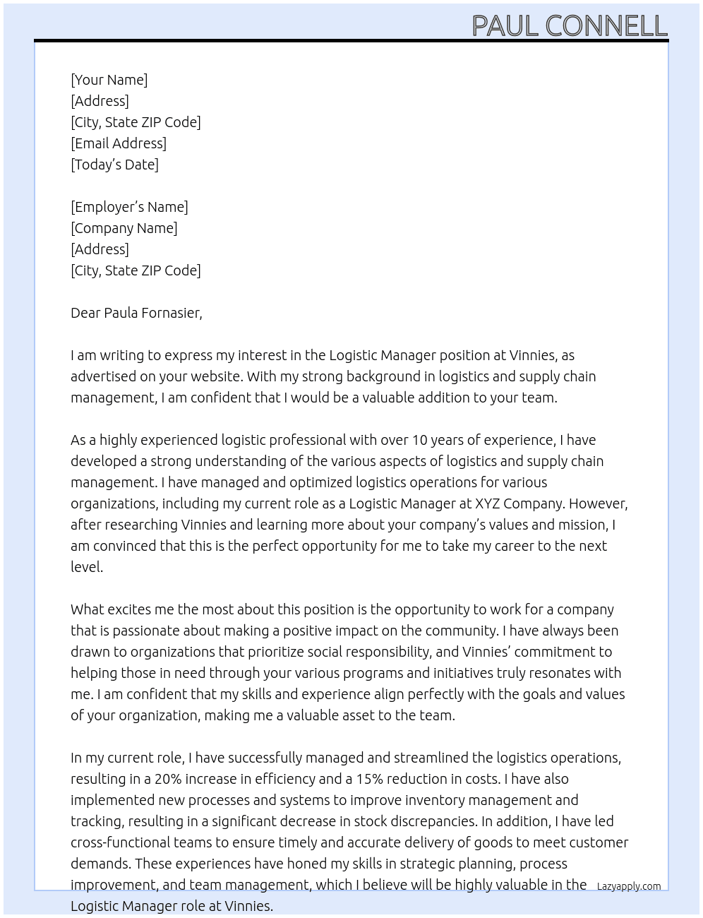 Logistic Manager At Vinnies Cover Letter