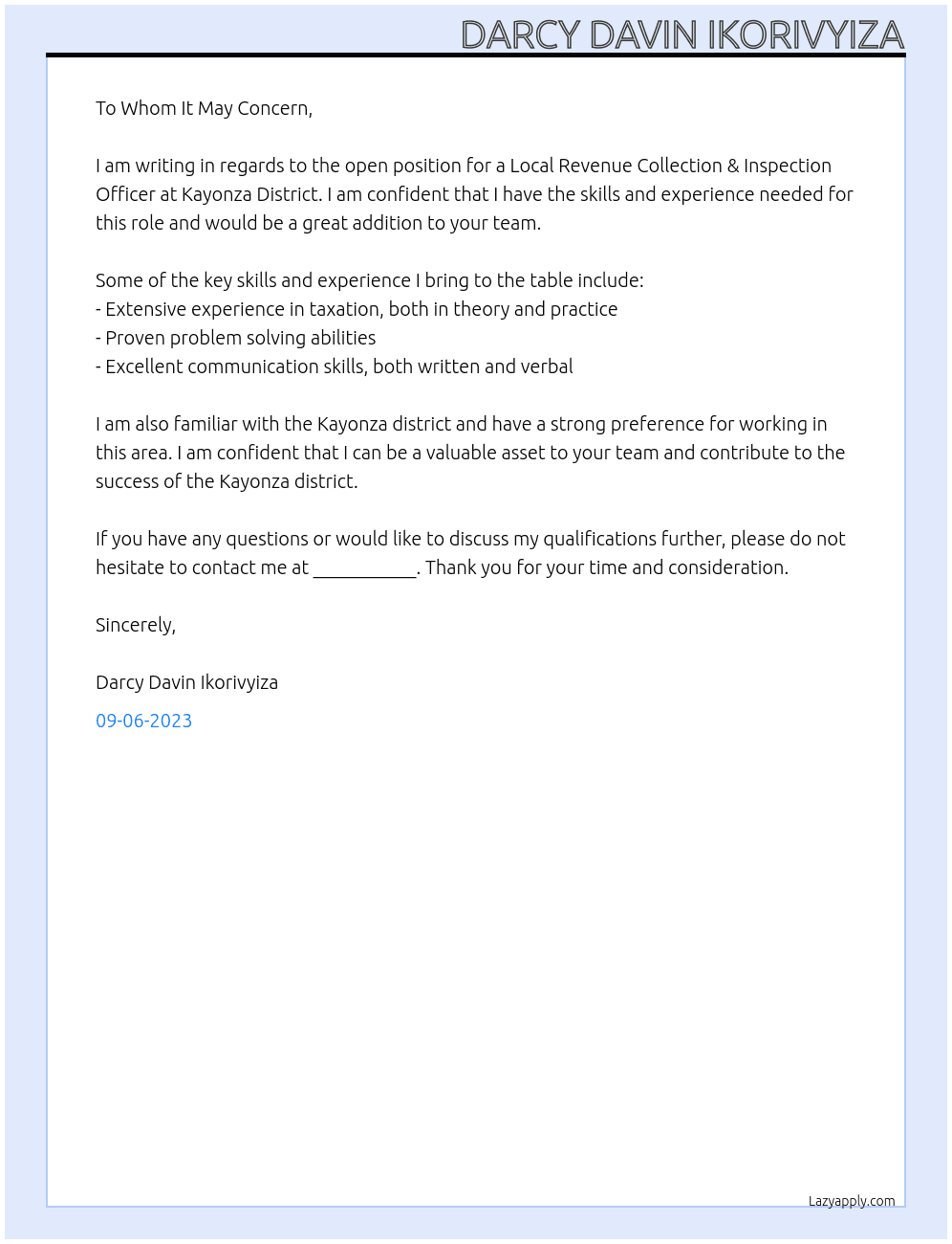 Local Revenue Collection & Inspection Officer At KAYONZA DISTRICT Cover Letter