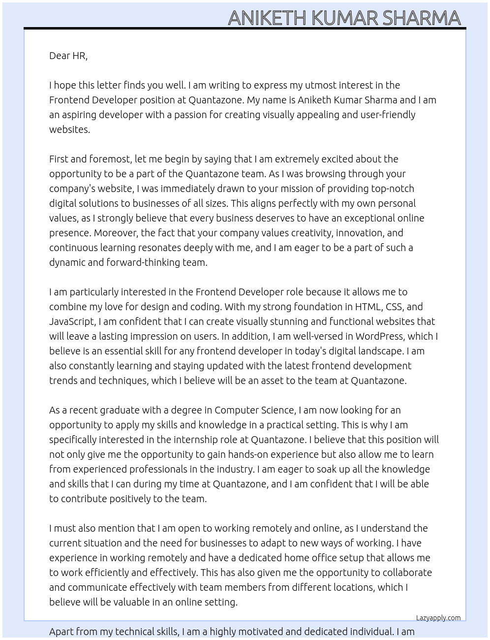 Frontend developer  At Quantazone Cover Letter