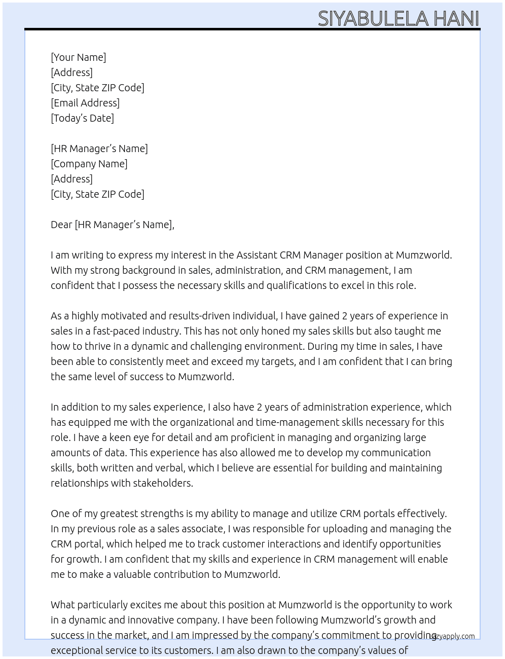 Assistant CRM manager At Mumzworld Cover Letter
