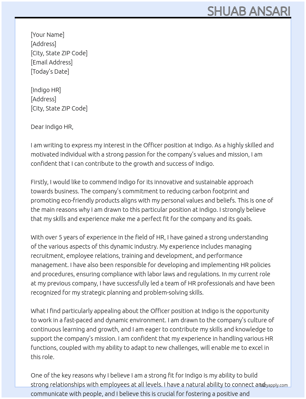 officer At indigo Cover Letter