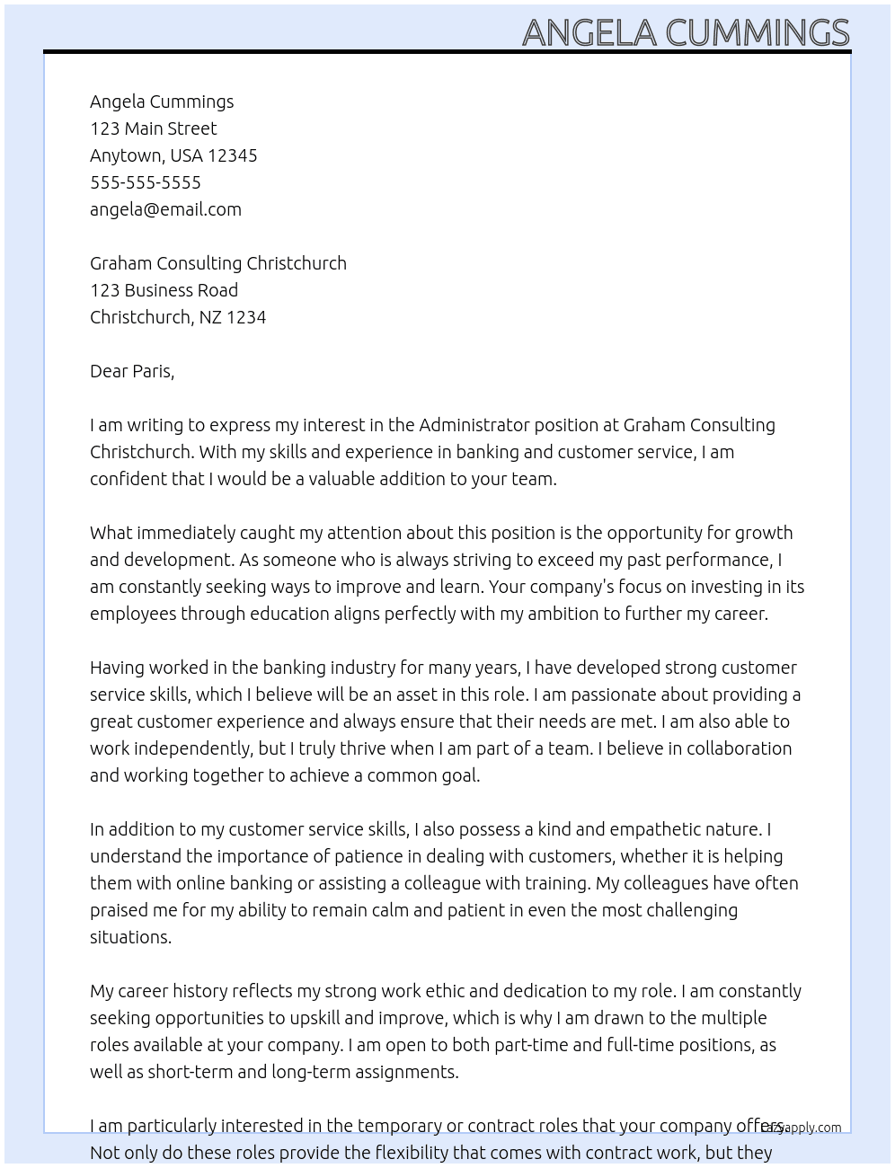 Administrator - Multiple Roles At Graham Consulting Christchurch Cover Letter