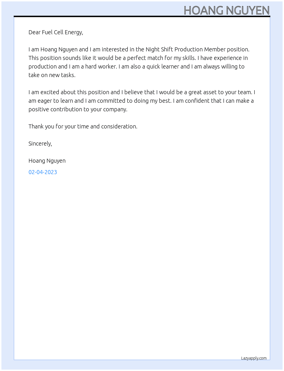 Cover letter for night shift production member - LazyApply