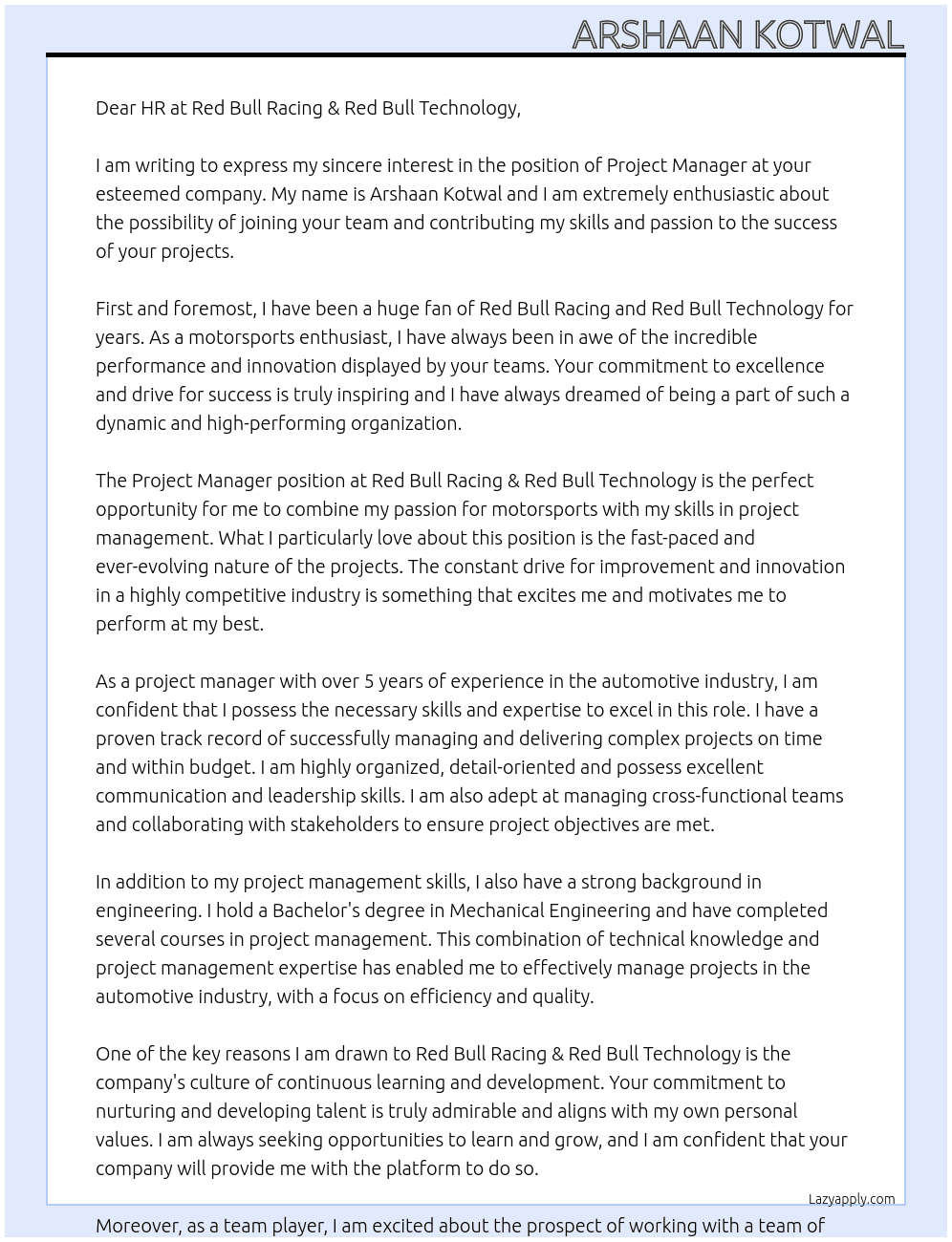 Project Manager At Red Bull Racing & Red Bull Technology  Cover Letter