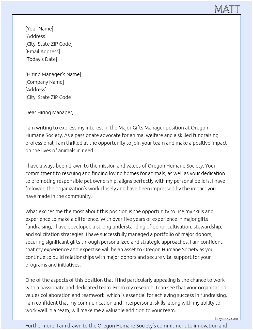 Major Gifts Manager At Oregon Humane Society Cover Letter