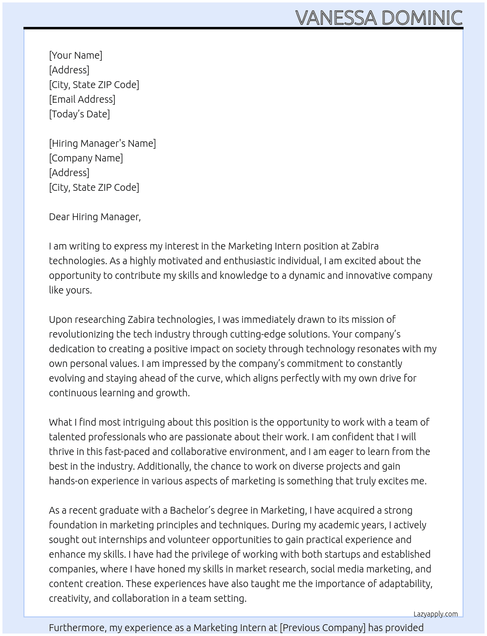 Marketing Intern At Zabira technologies Cover Letter