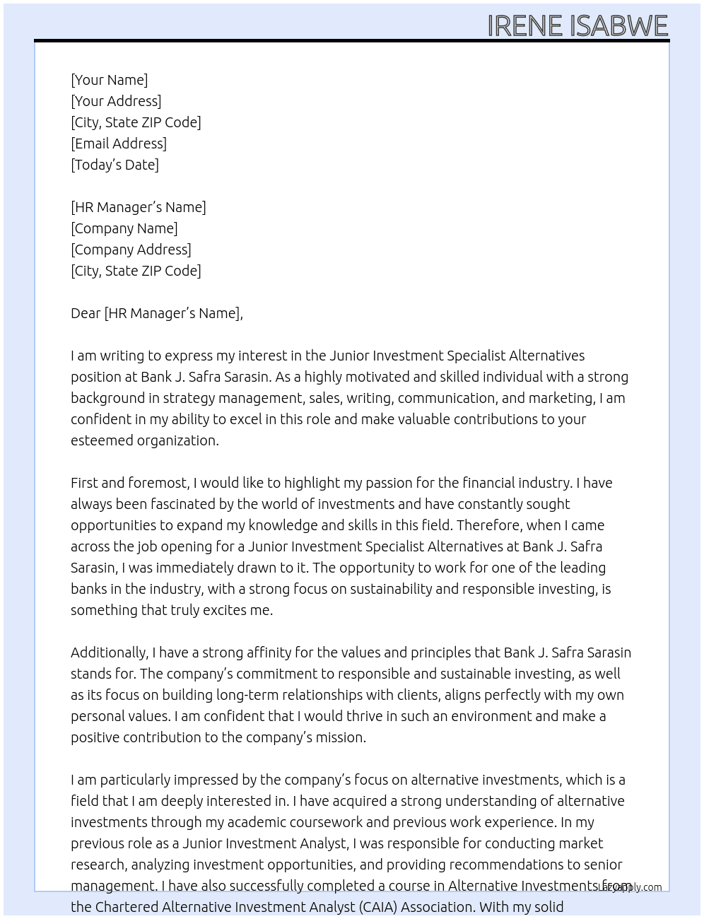 Junior Investment Specialist Alternatives At Bank J. Safra Sarasin Cover Letter