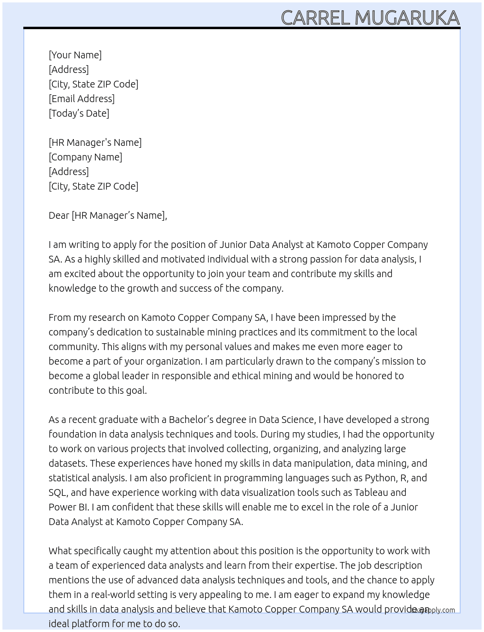 Junior Data Analyst At Kamoto Copper Company SA Cover Letter