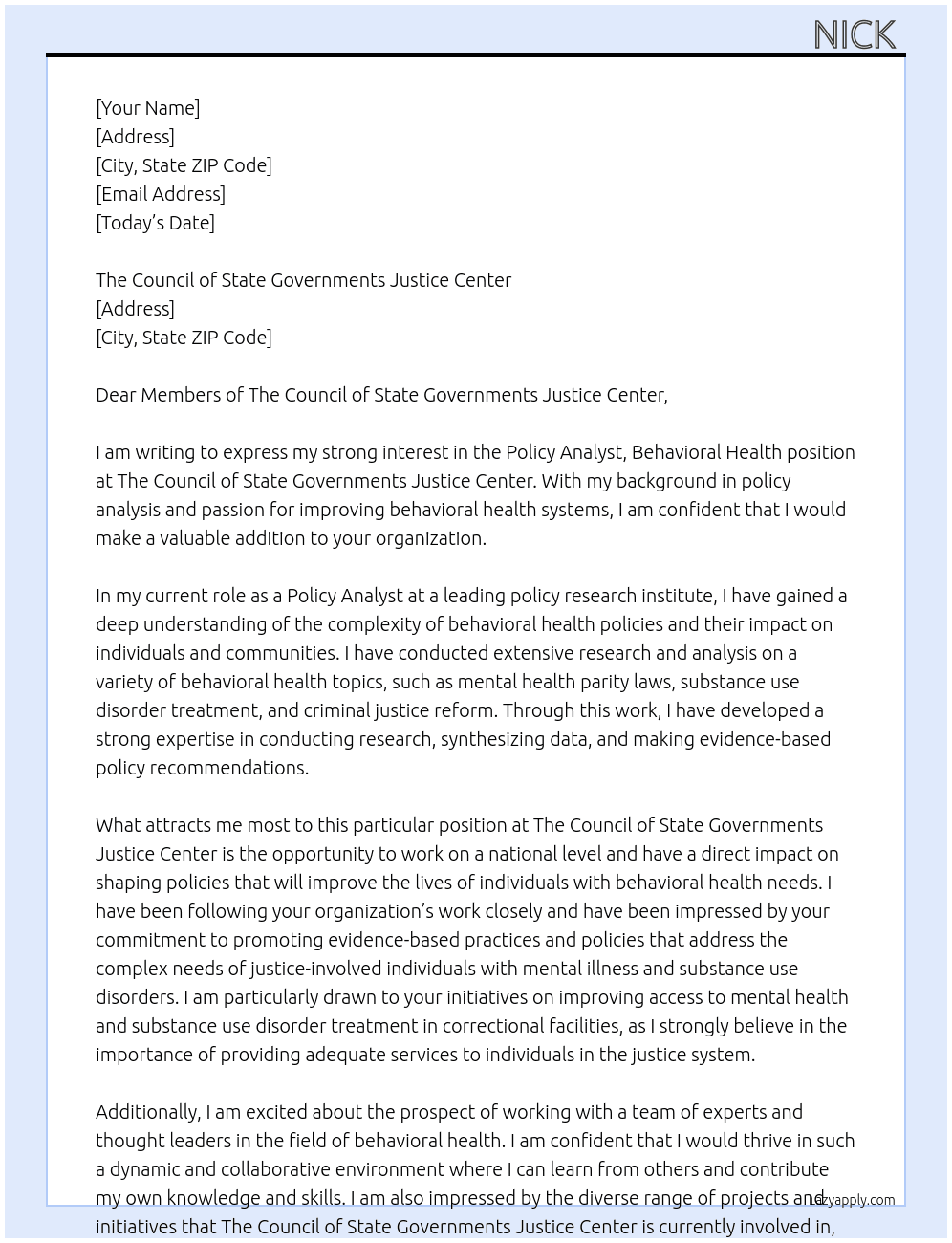 Policy Analyst, Behavioral Health At The Council of State Governments Justice Center Cover Letter