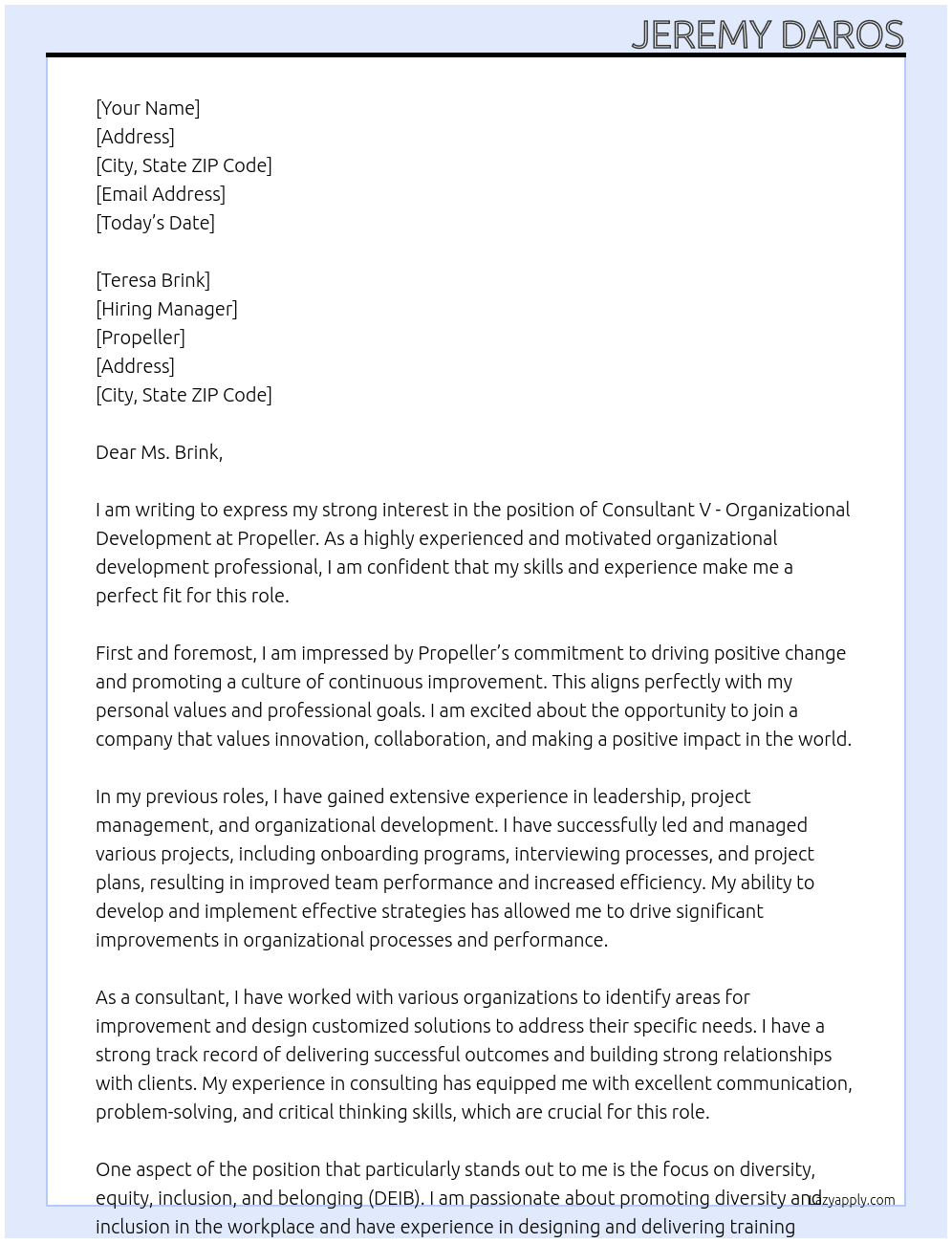 Consultant V - Organizational Development At Propeller Cover Letter