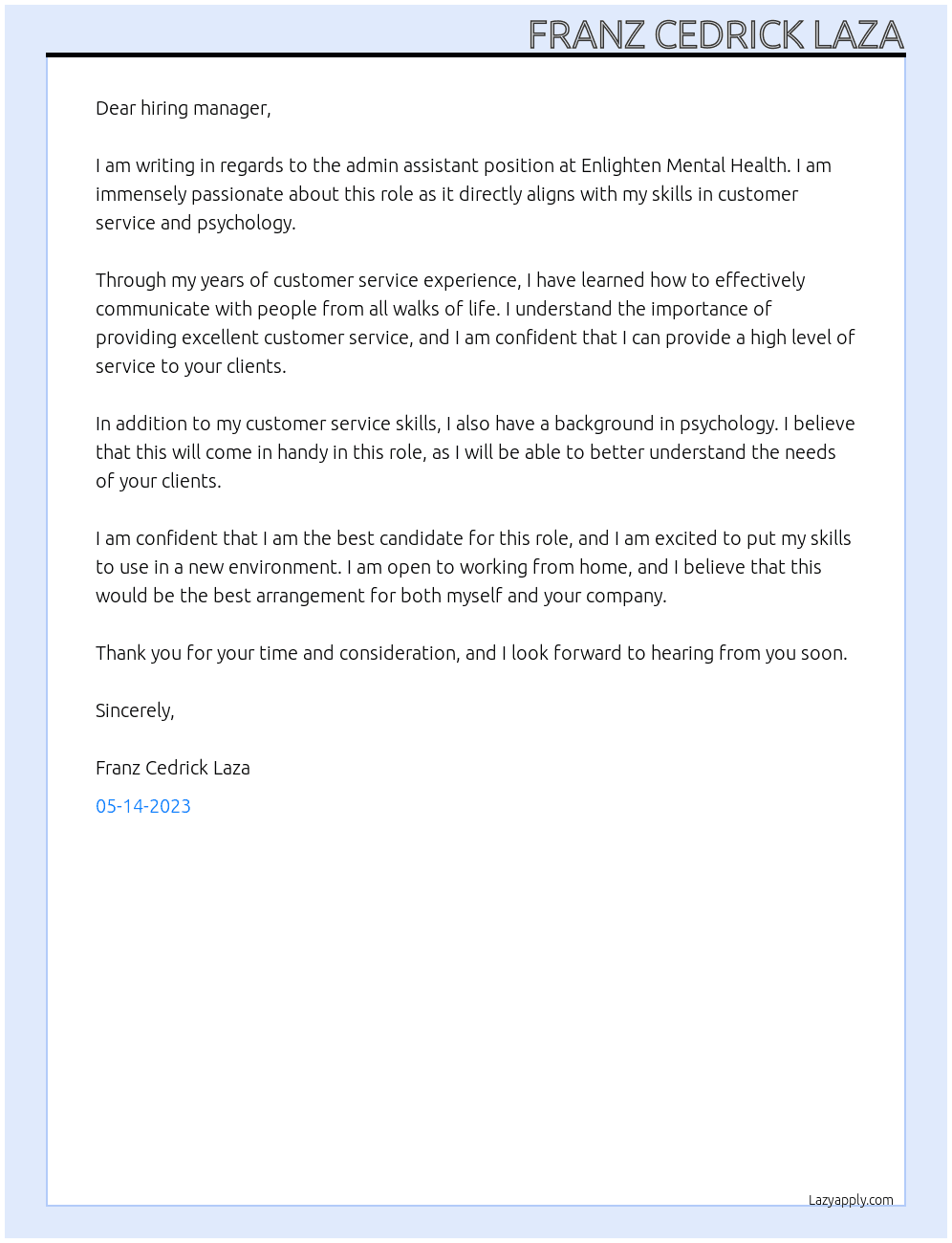 Admin Assistant At Enlighten Mental Health Cover Letter