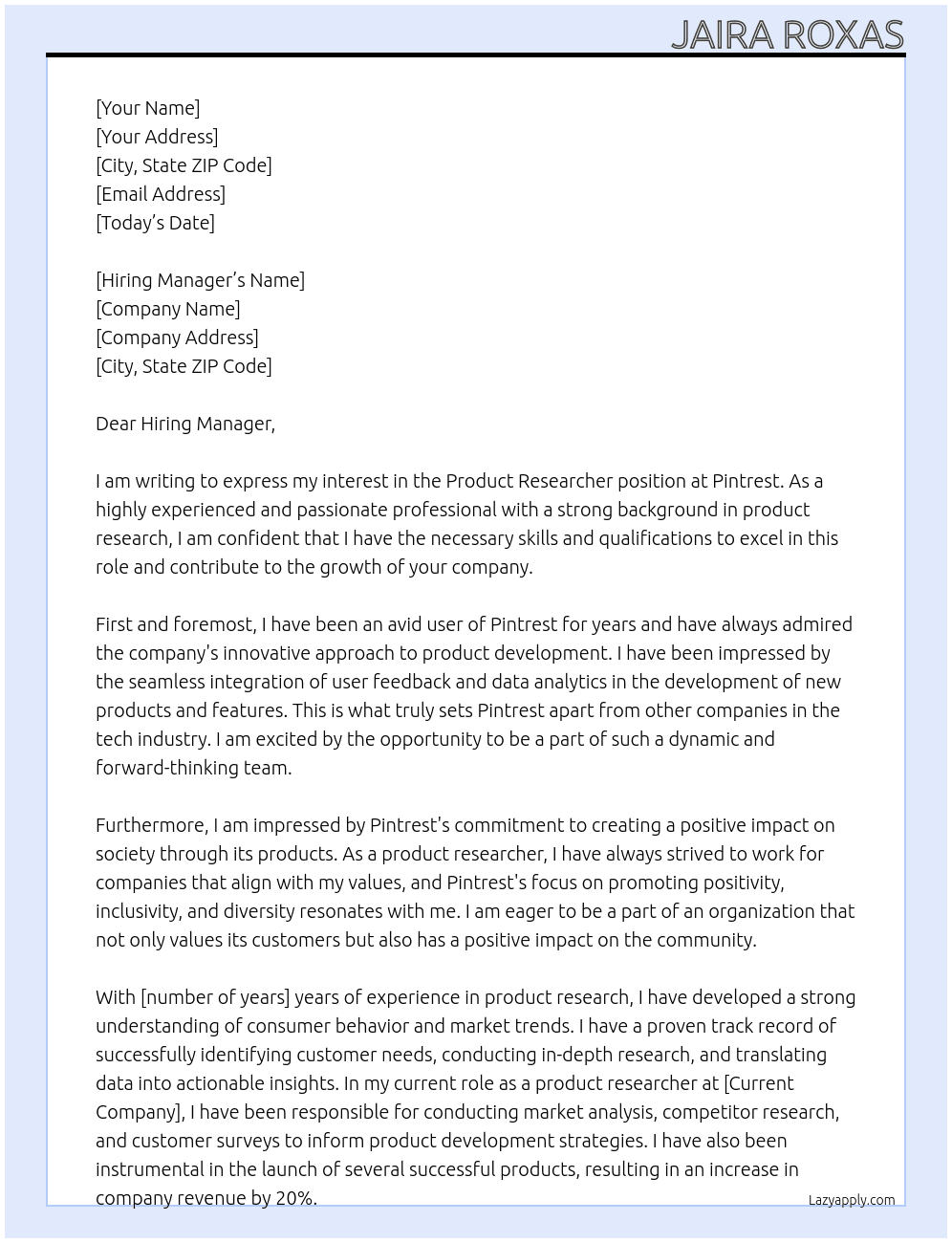 product researcher At Pintrest Cover Letter