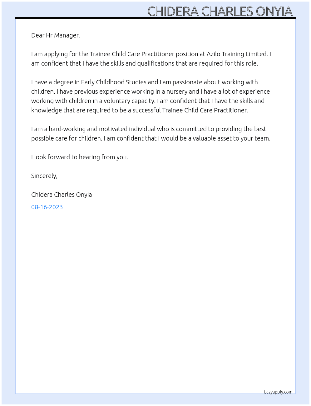 Trainee Child Care Practitioner At Azilo Training Limited Cover Letter