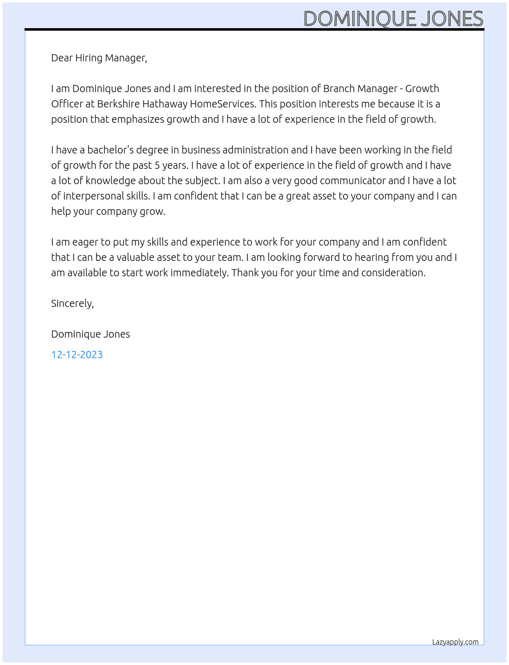 Branch Manager - Growth Officer At Berkshire Hathaway HomeServices Cover Letter