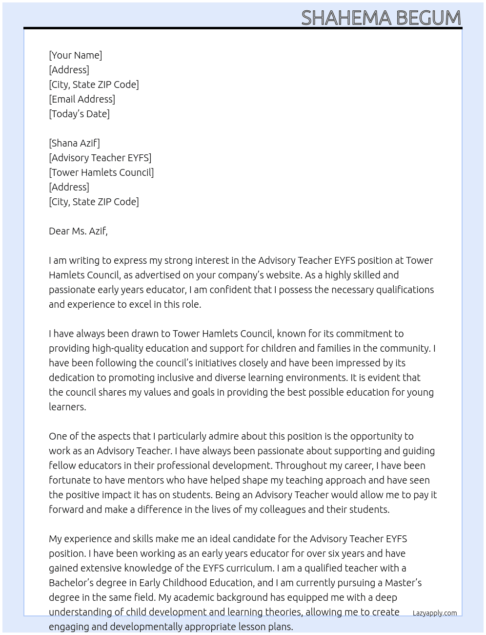 Advisory teacher EYFS At Tower Hamlets Council Cover Letter