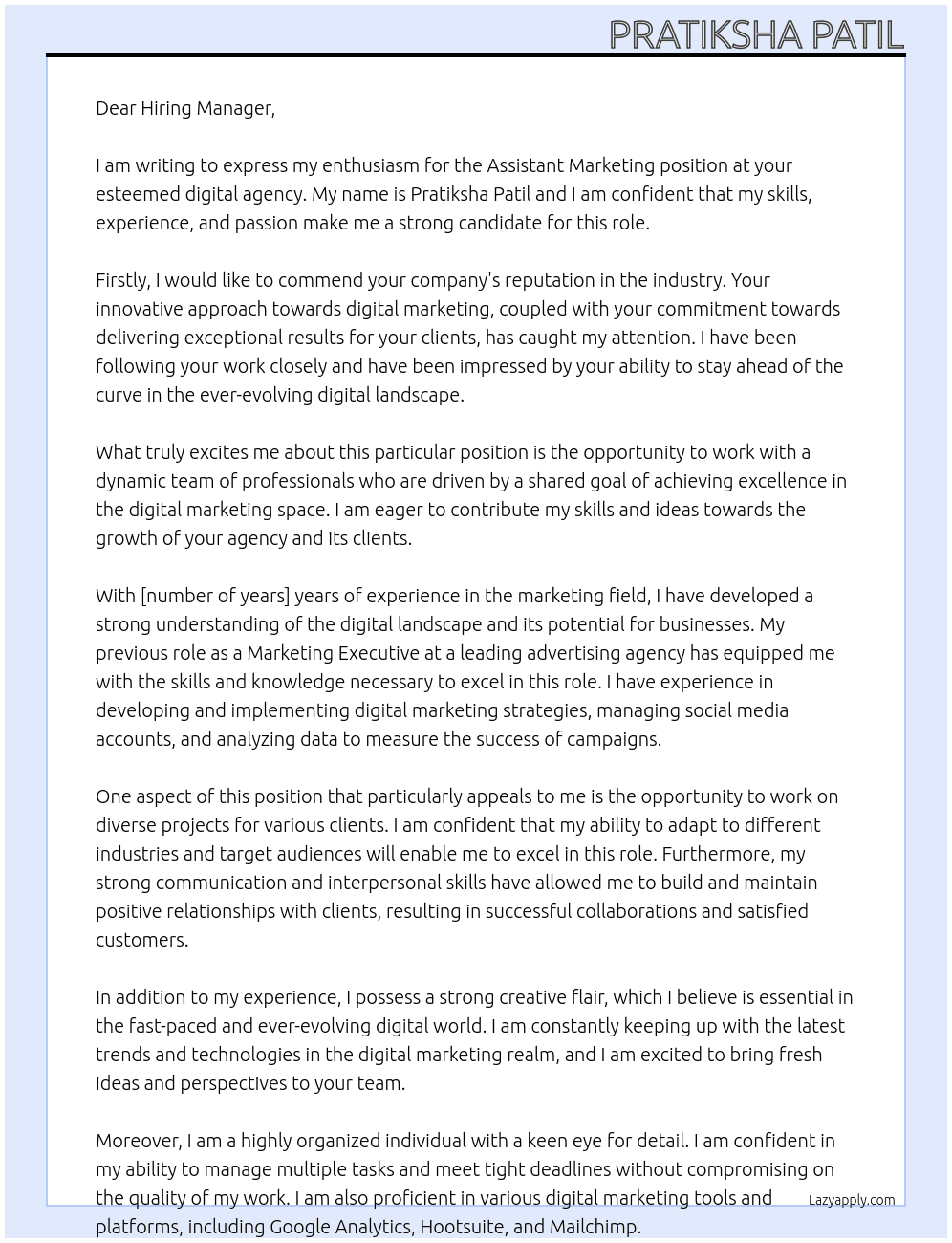 Assistant Marketing At Digital agency Cover Letter