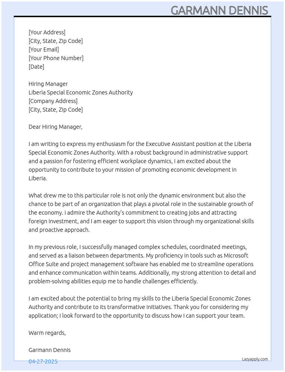 Executive Assistant  At Liberia Special Economic Zones Authority  Cover Letter