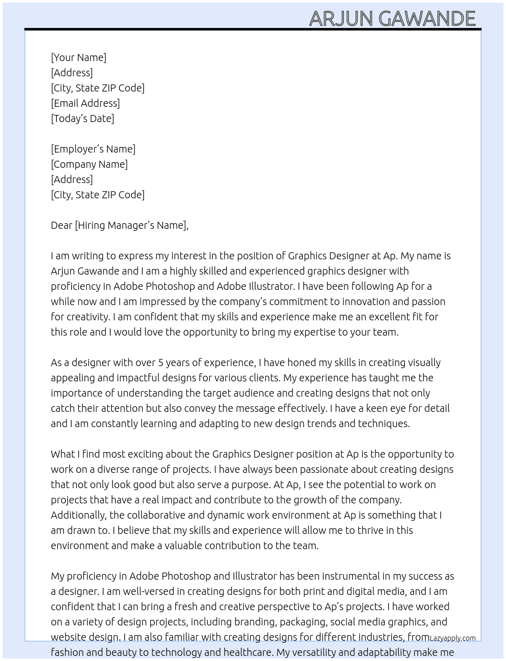 Graphics Designer  At Ap Cover Letter