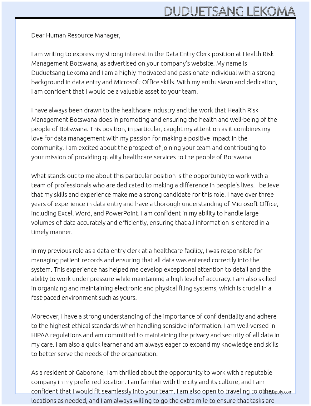 Data entry clerk At Health Risk Management Botswana Cover Letter