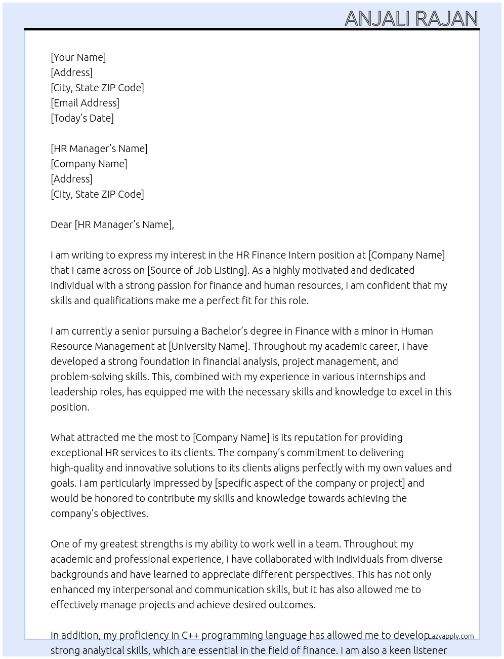 HR Finance Intern At hr company Cover Letter