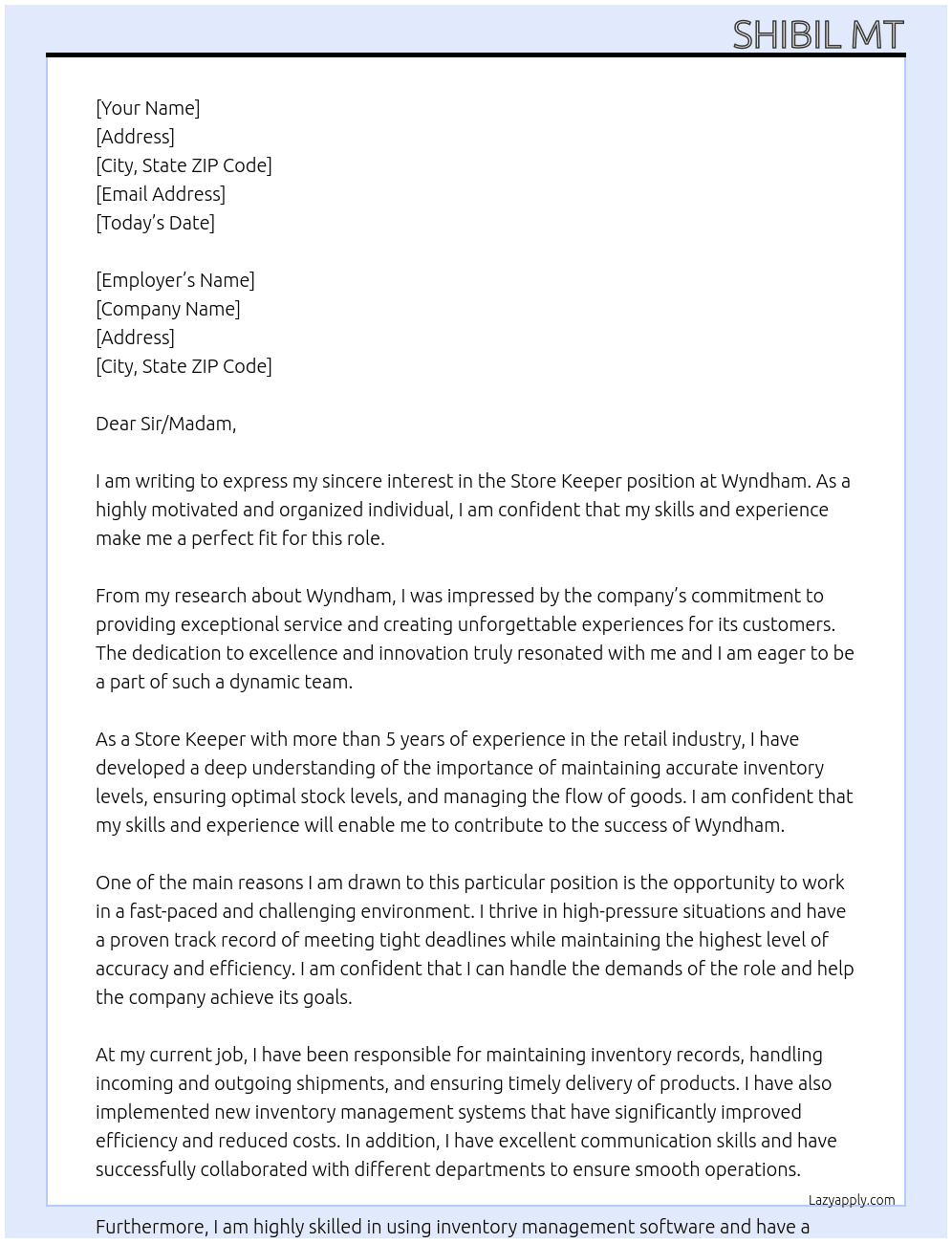 Store keeper At Wyndham Cover Letter