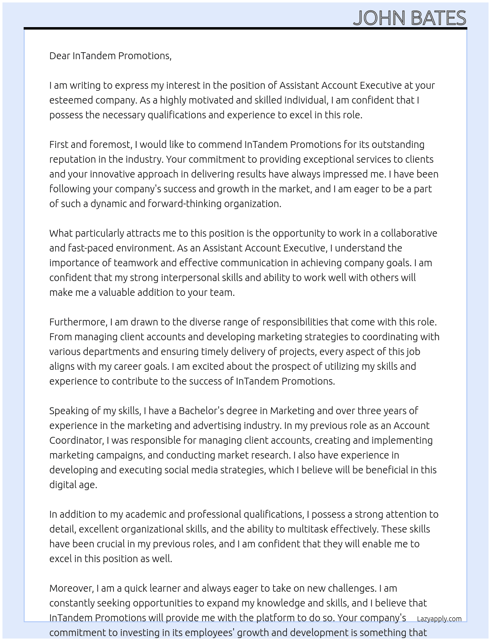 Assistant Account Executive At InTandem Promotions Cover Letter