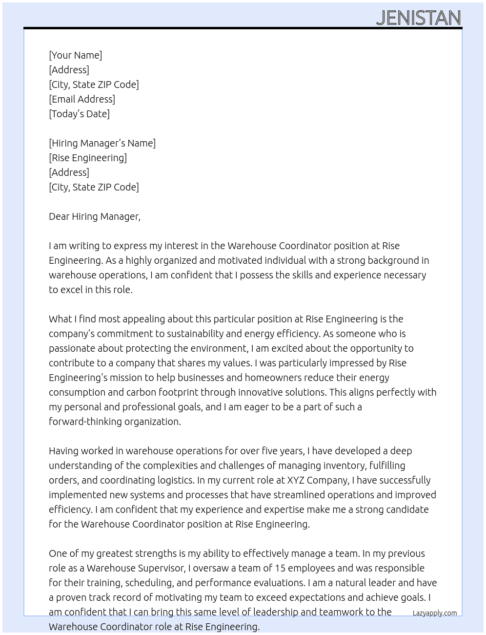 Warehouse coodinator At Rise Engineering Cover Letter