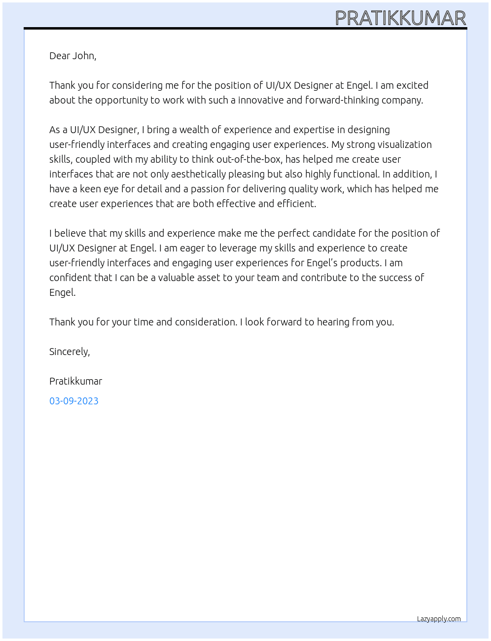 UI/UX Designer At Engel Cover Letter