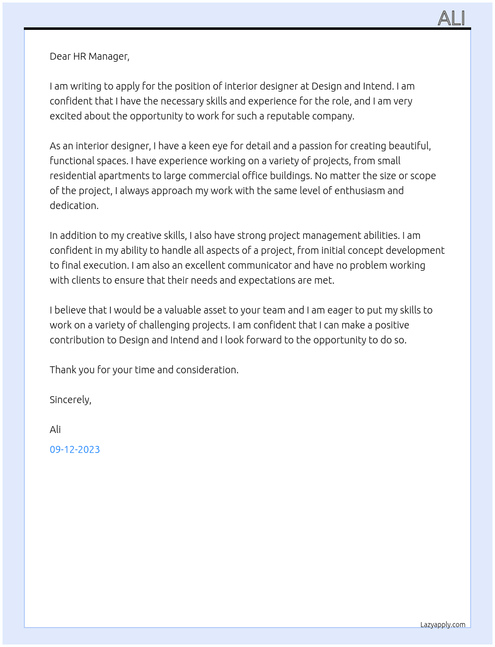 interior designer  At design and intend  Cover Letter