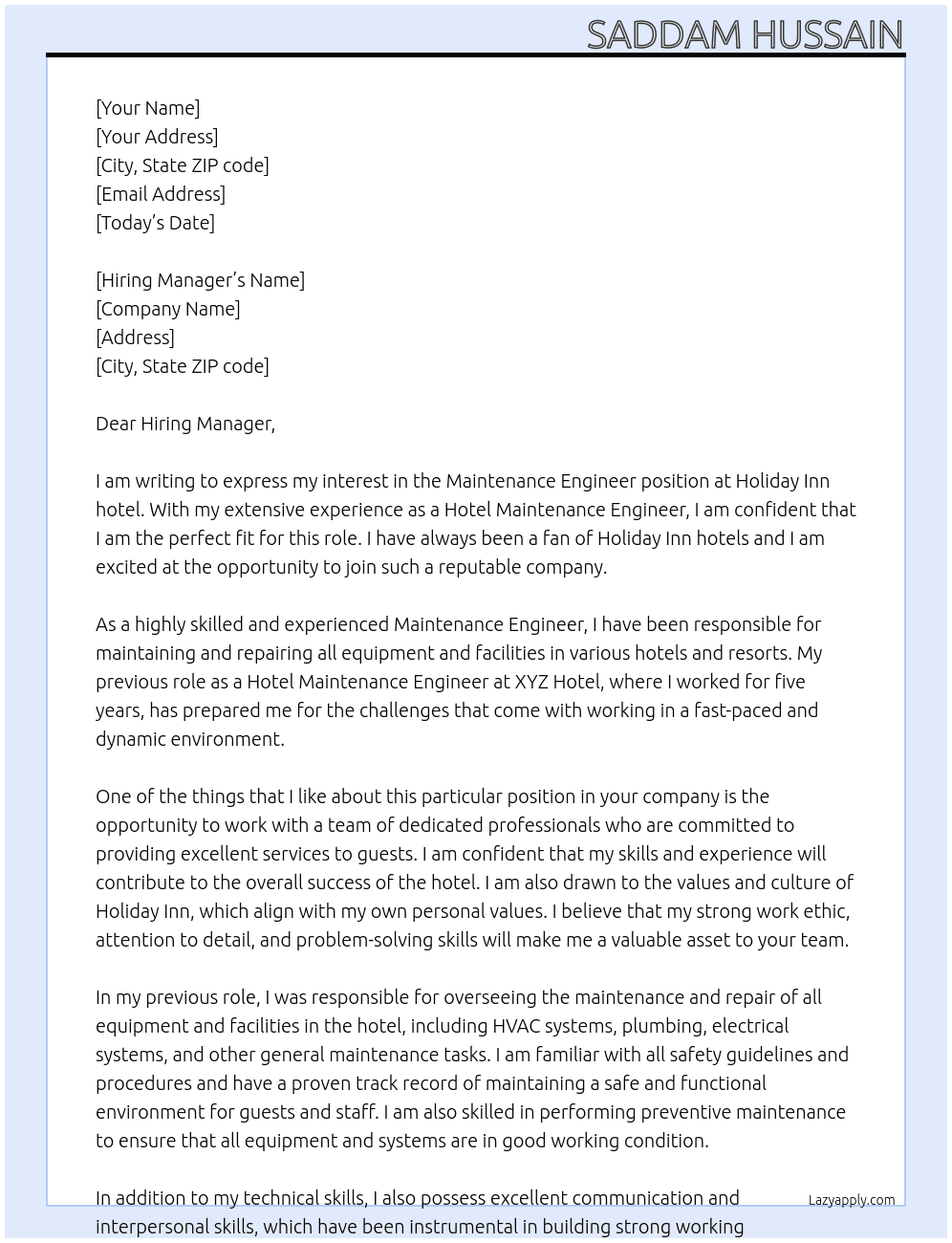 Maintenance Engineer At Holiday Inn hotel Cover Letter