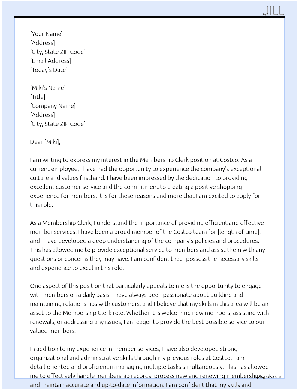 Membership clerk  At Costco  Cover Letter