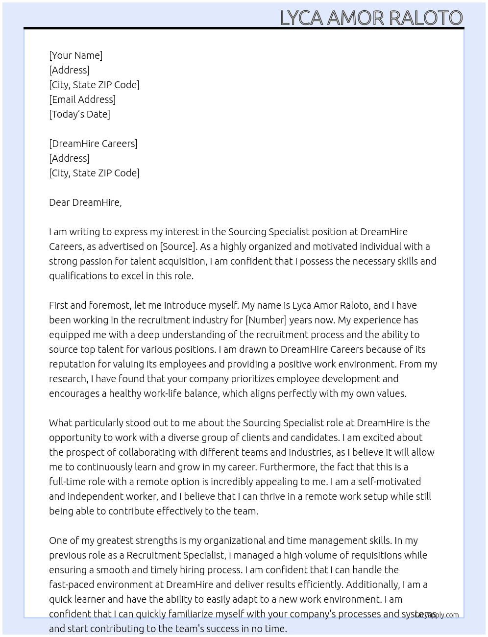 sourcing Specialist At DreamHire Careers  Cover Letter