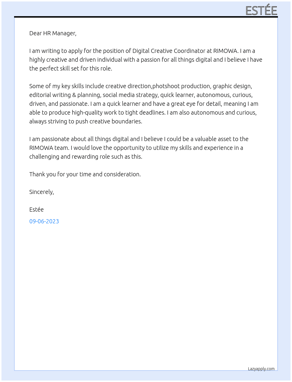 Digital Creative Coordinator At RIMOWA Cover Letter
