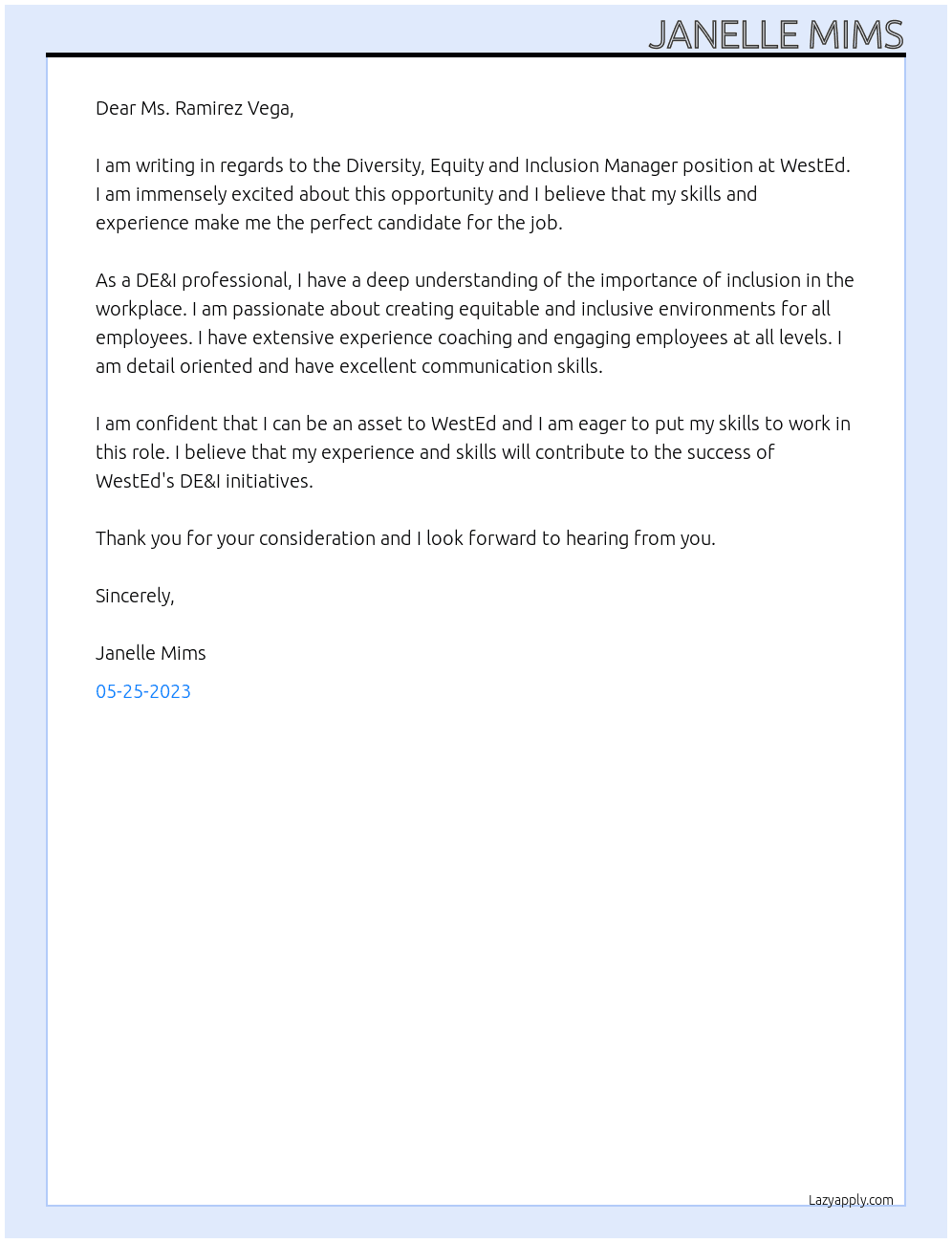 Diversity, Equity and Inclusion Manager At WestEd Cover Letter