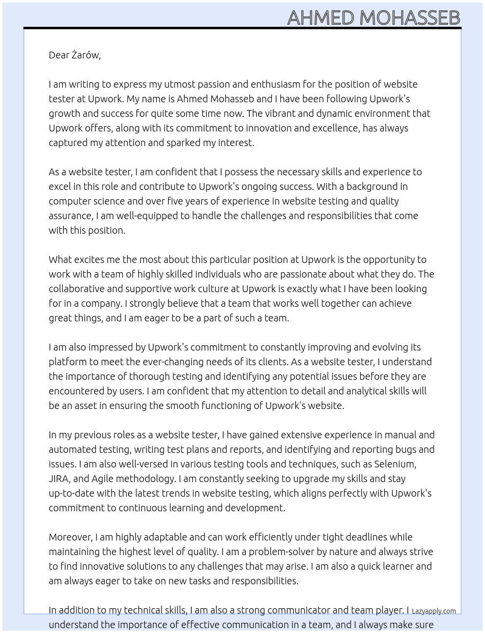 website tester At Upwork Cover Letter