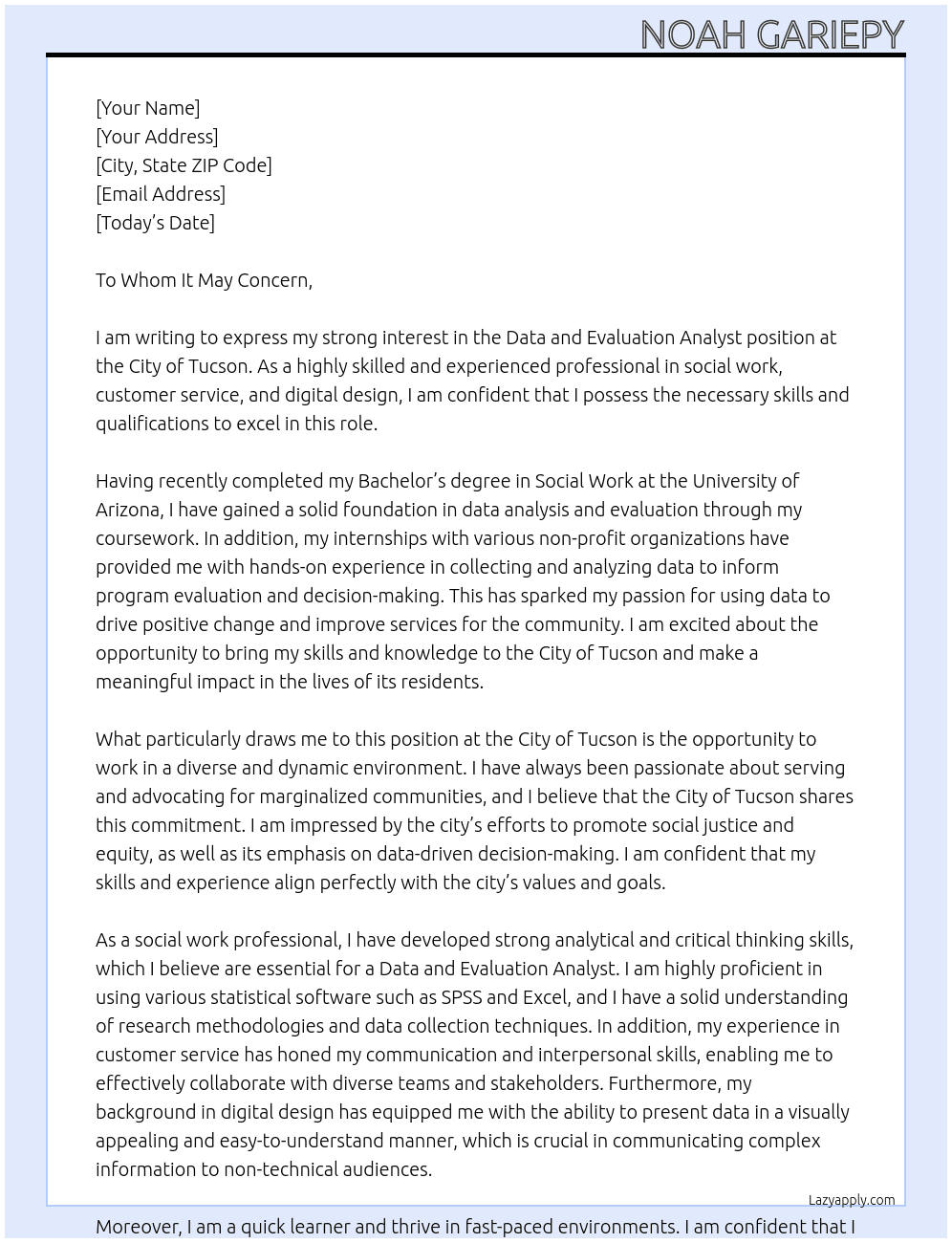 Data and Evaluation Analyst At City of Tucson Cover Letter