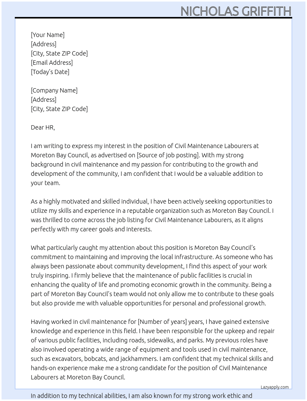 Civil Maintenance Labourers At Moreton Bay Council Cover Letter