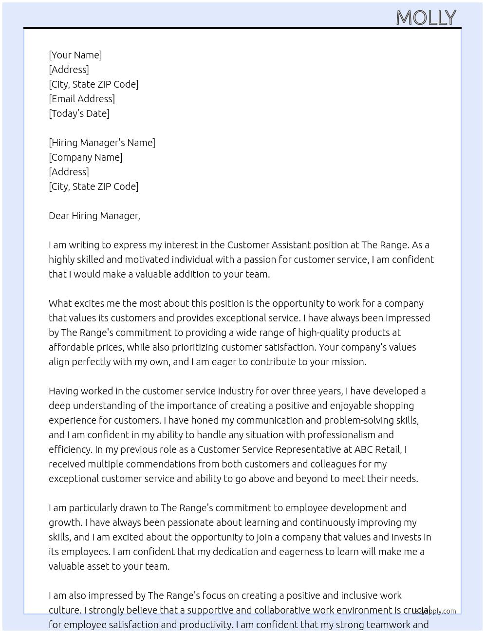 Customer Assistant  At The Range  Cover Letter