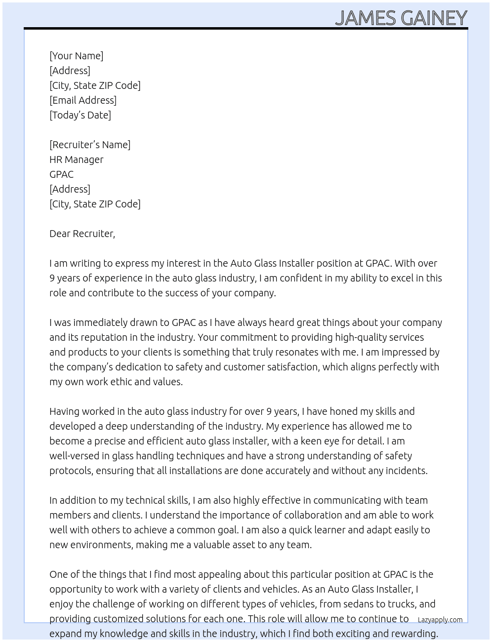 Auto Glass Intaller At GPAC Cover Letter