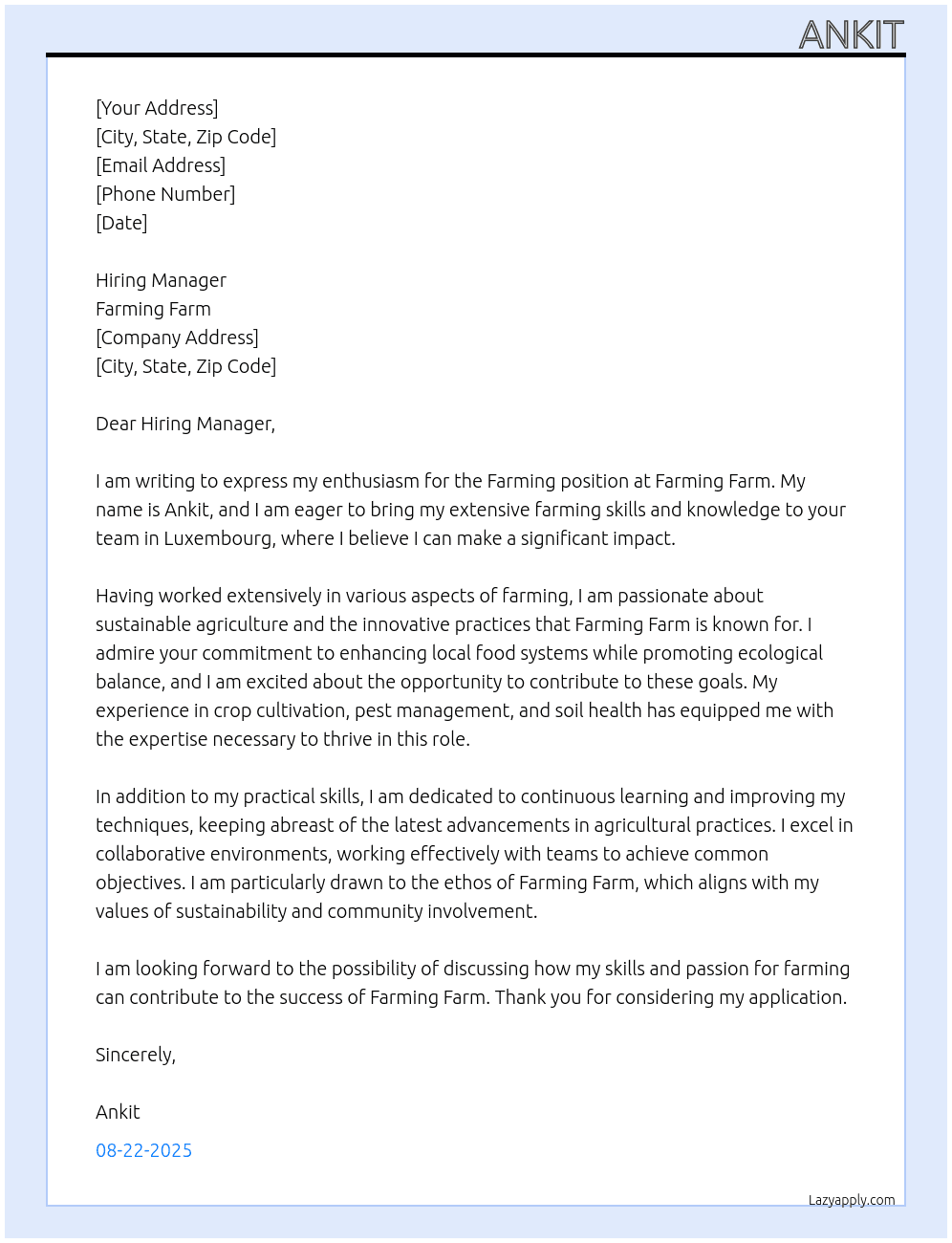 Farming  At Farming farm Cover Letter