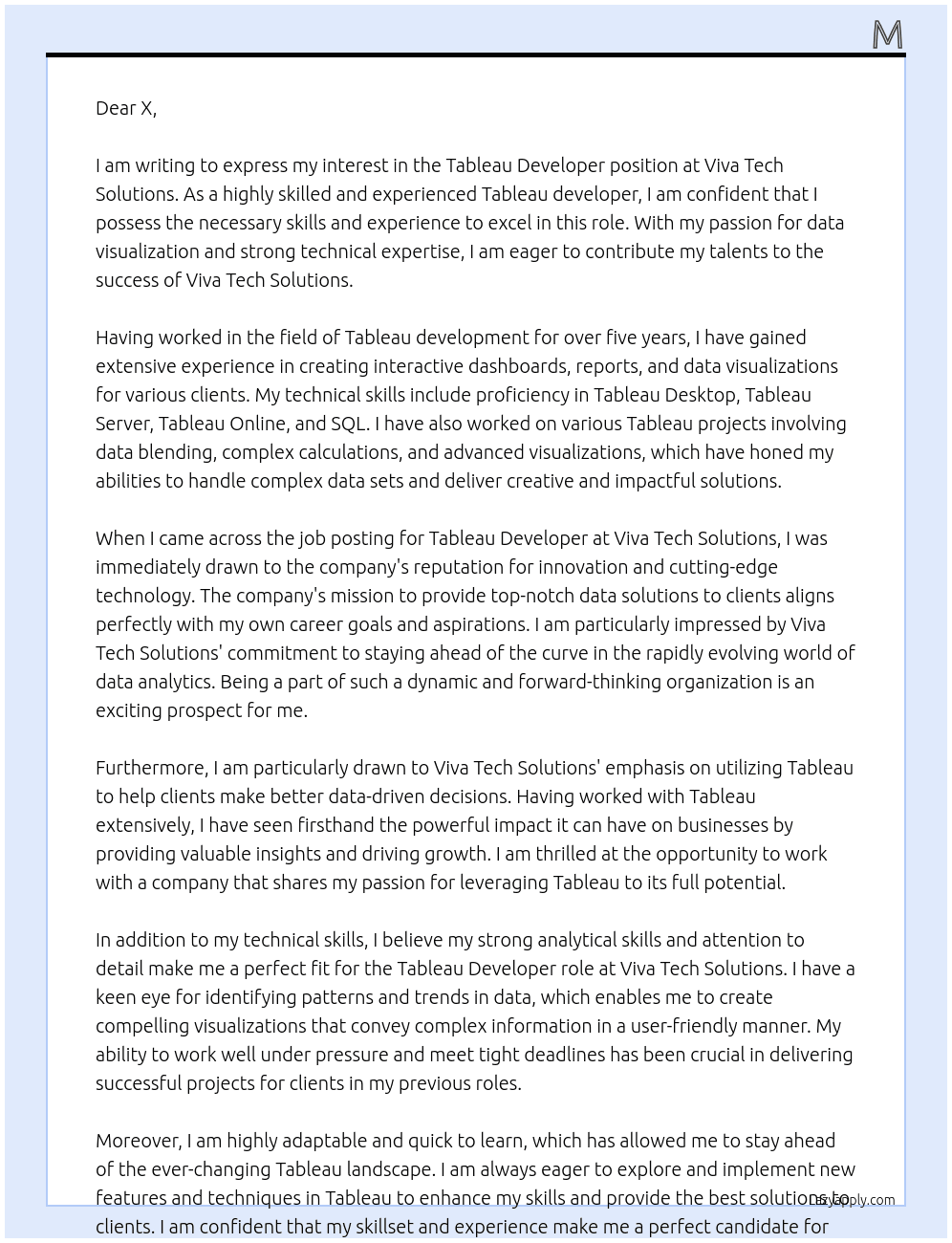 Tableau Developer At Viva Tech Solutions Cover Letter