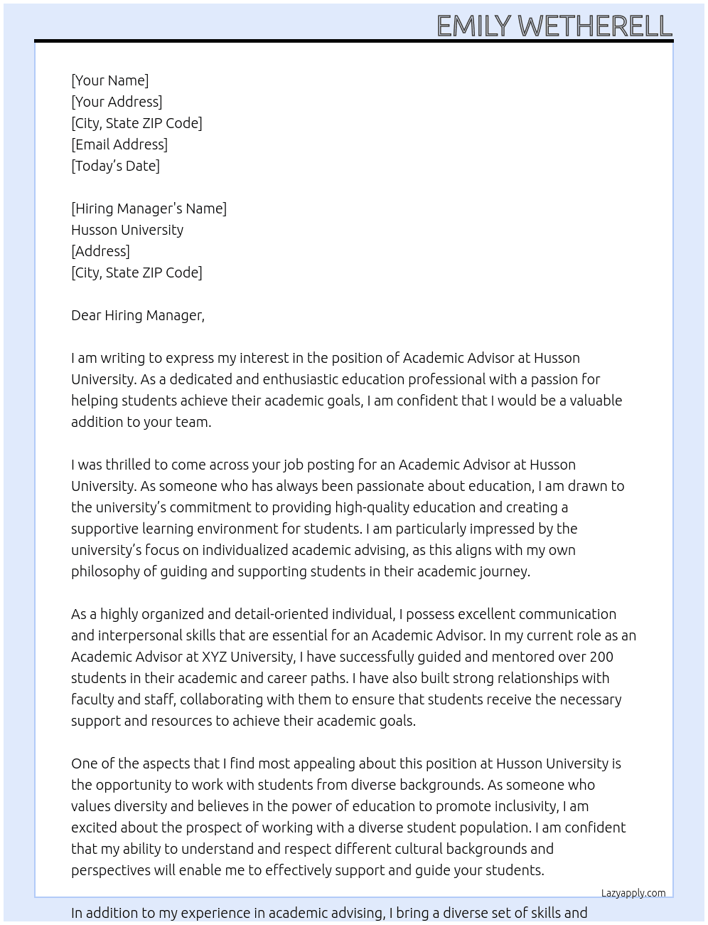 Academic Advisor At Husson University  Cover Letter