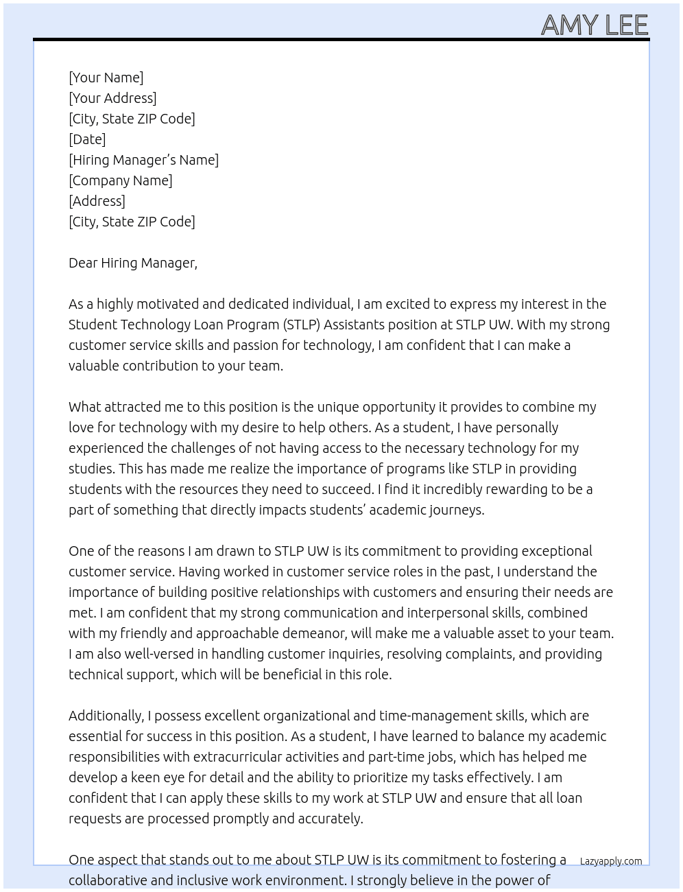 Student Technology Loan Program (STLP) Assistants At STLP UW Cover Letter