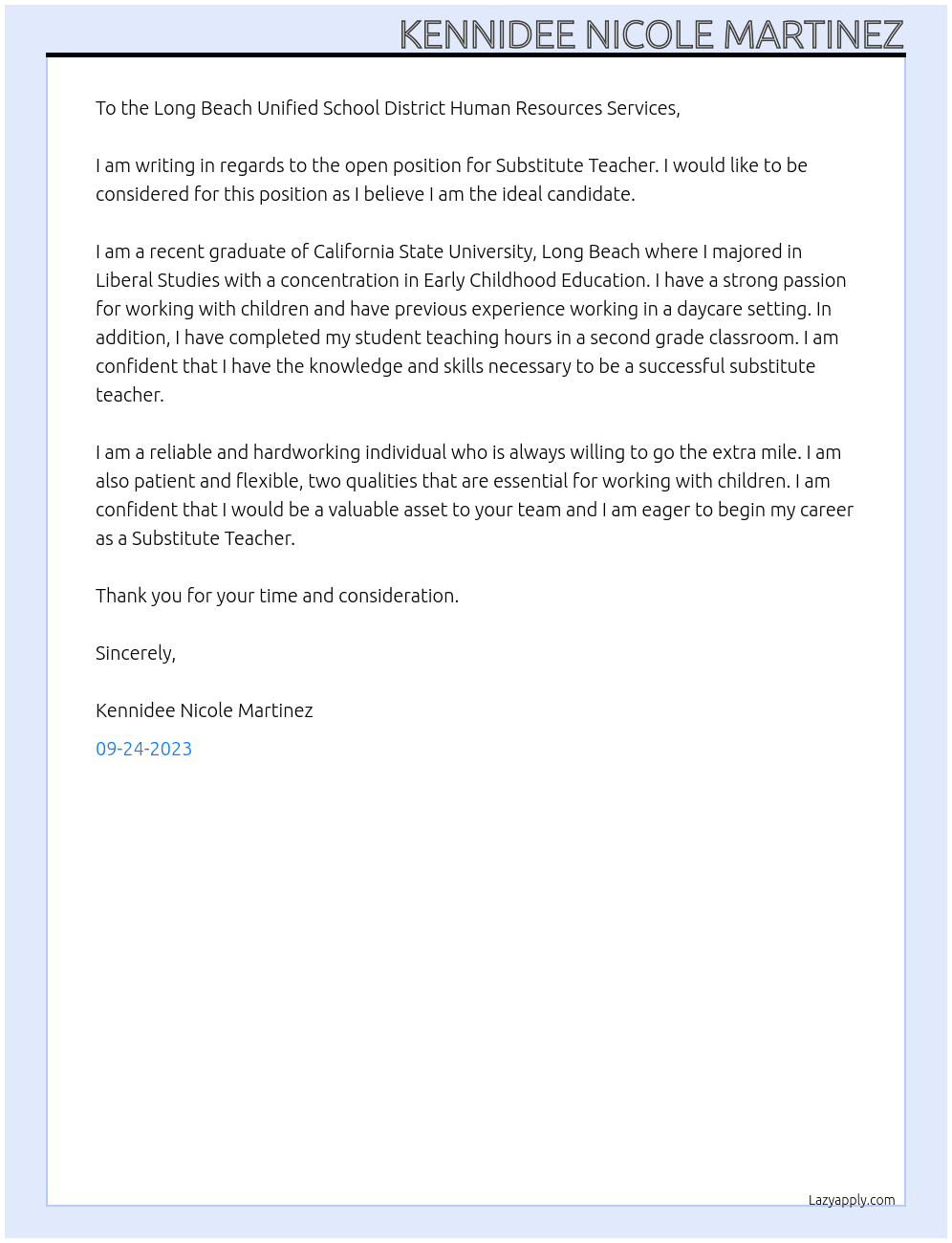 Substitute Teacher At Long Beach Unified School District Cover Letter