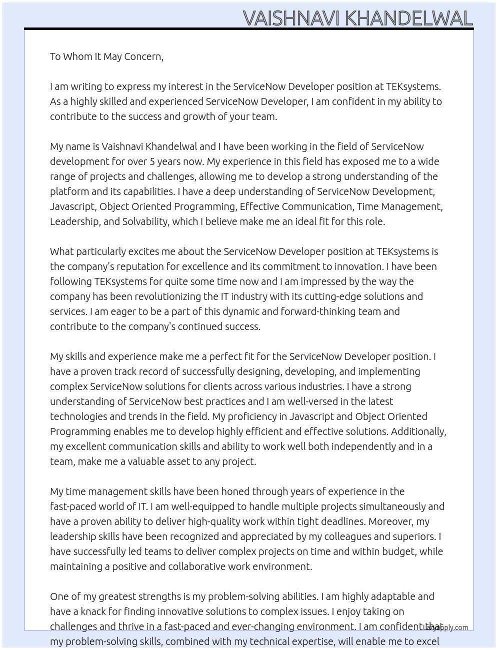 ServiceNow Developer At TEKsystems Cover Letter