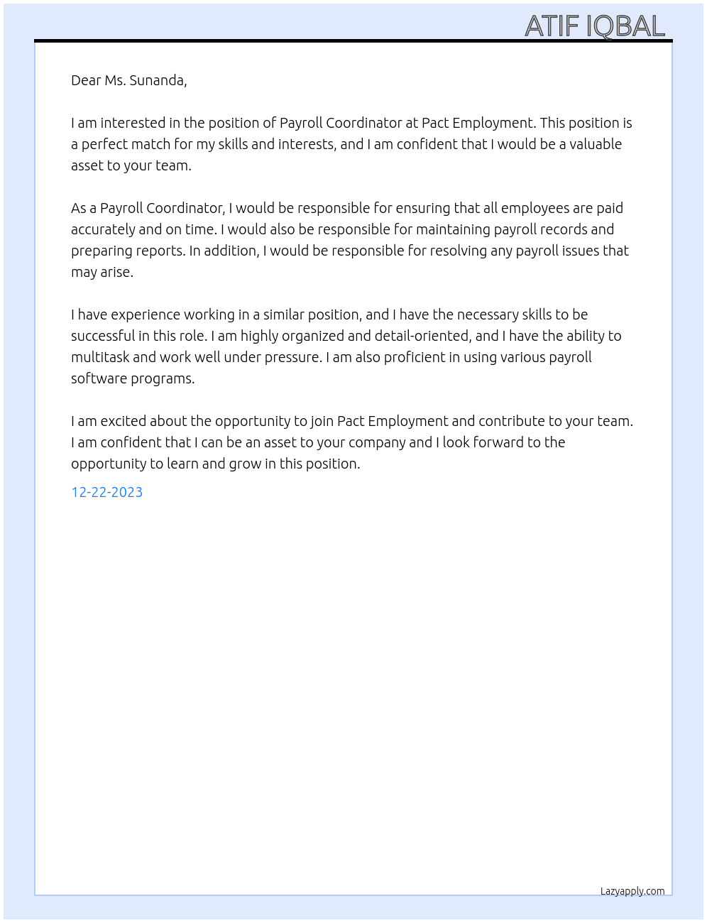 Payroll Coordinator  At Pact Employment  Cover Letter