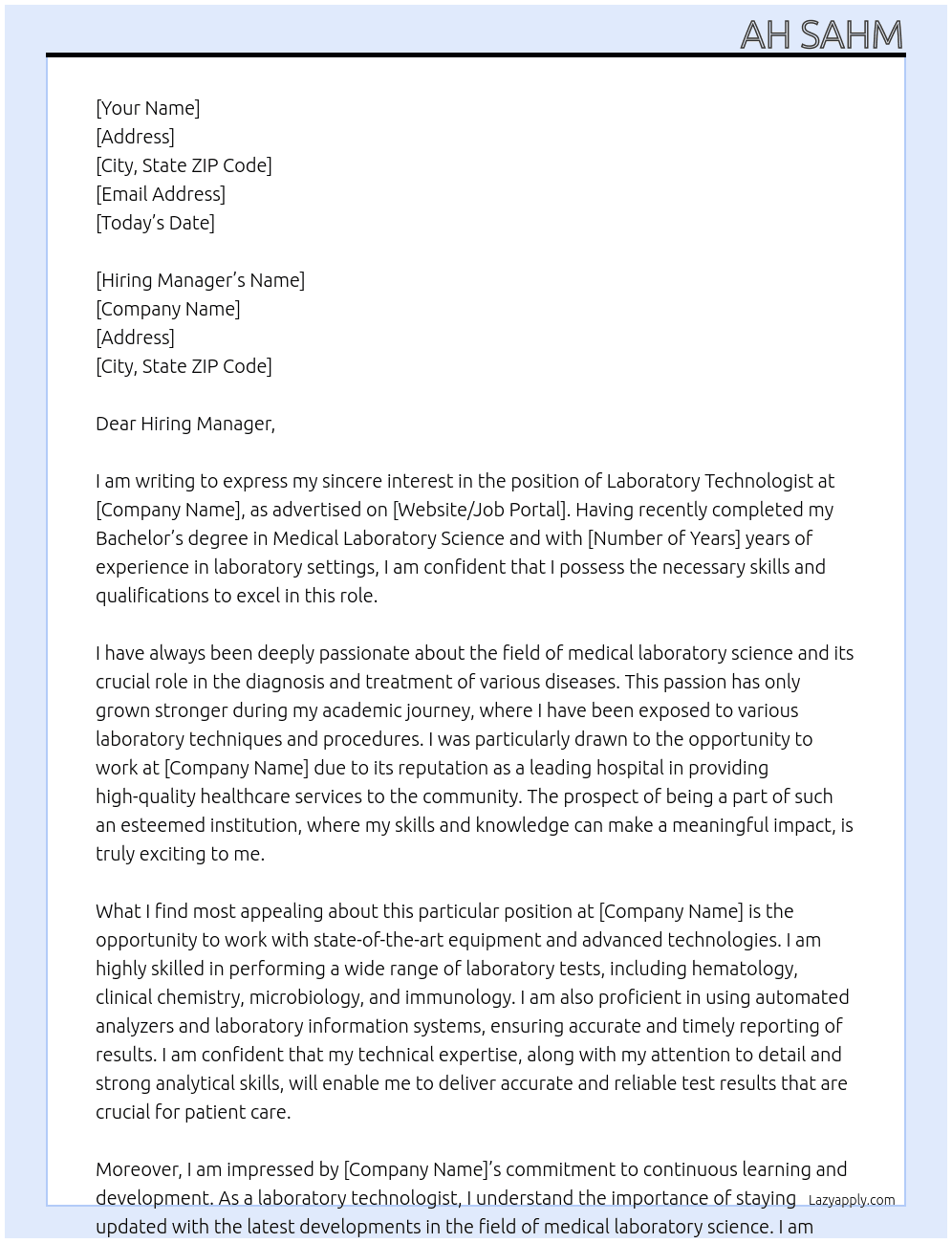 LABORATORY TECHNOLOGIST  At Hospital  Cover Letter